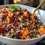 ['Close-up side view of a colorful wild rice pilaf featuring sweet potatoes, cranberries, and pecans.', 'Juicy Cranberry Pecan Sweet Potato Wild Rice Pilaf in a bowl, showcasing the vibrant ingredients.', 'Detailed view of a hearty wild rice dish with sweet potatoes, nuts, and cranberries, garnished with fresh parsley.', 'Side angle photo of a flavorful rice pilaf with sweet potato cubes, dried cranberries, and chopped pecans.']