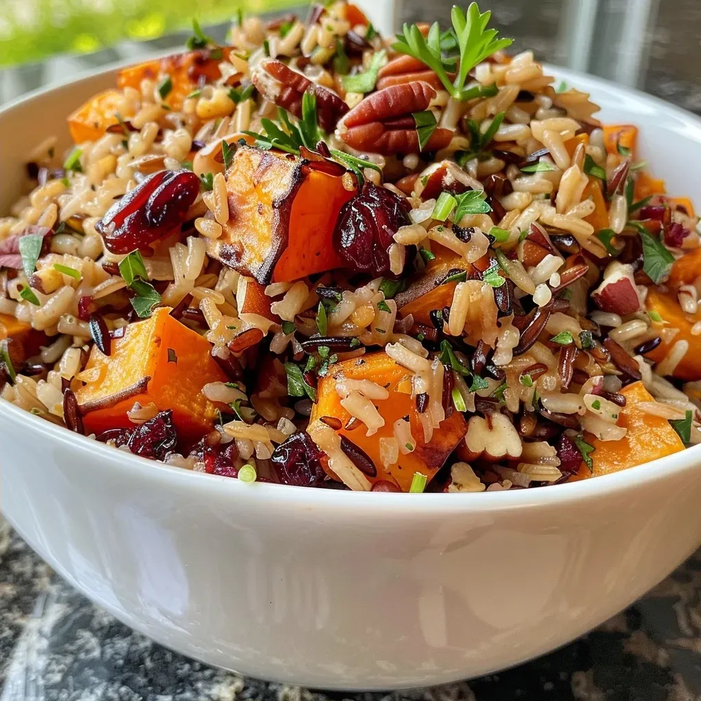 ['Close-up side view of a colorful wild rice pilaf featuring sweet potatoes, cranberries, and pecans.', 'Juicy Cranberry Pecan Sweet Potato Wild Rice Pilaf in a bowl, showcasing the vibrant ingredients.', 'Detailed view of a hearty wild rice dish with sweet potatoes, nuts, and cranberries, garnished with fresh parsley.', 'Side angle photo of a flavorful rice pilaf with sweet potato cubes, dried cranberries, and chopped pecans.']