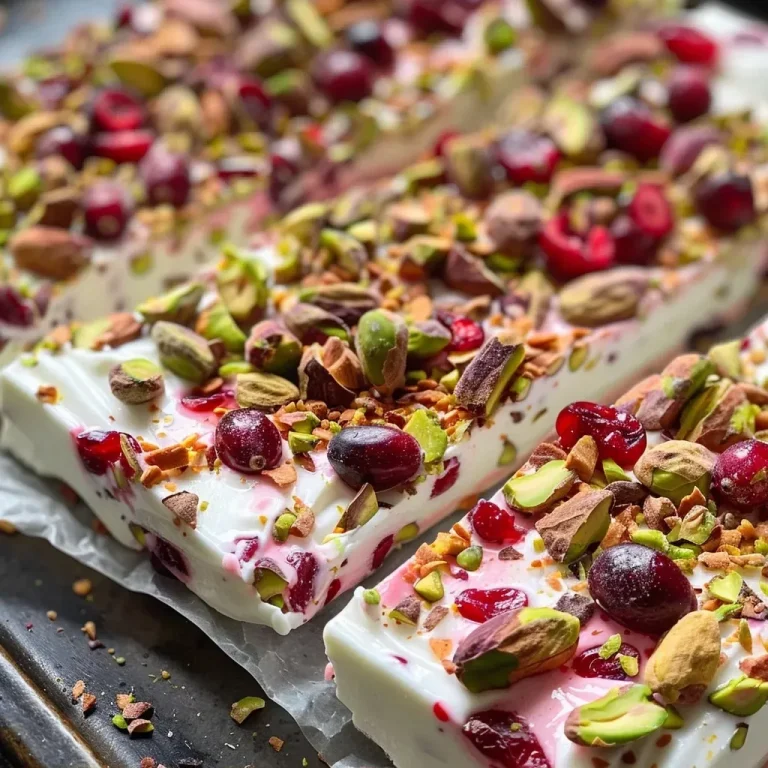 ['A close-up view of Cranberry Pistachio Frozen Yogurt Bark with toppings visible.', 'A vibrant slice of frozen yogurt bark featuring cranberries and pistachios.', 'Side view of colorful frozen yogurt bark adorned with nuts and dried fruit.', 'A detailed look at a frozen dessert with a creamy yogurt base and crunchy toppings.']