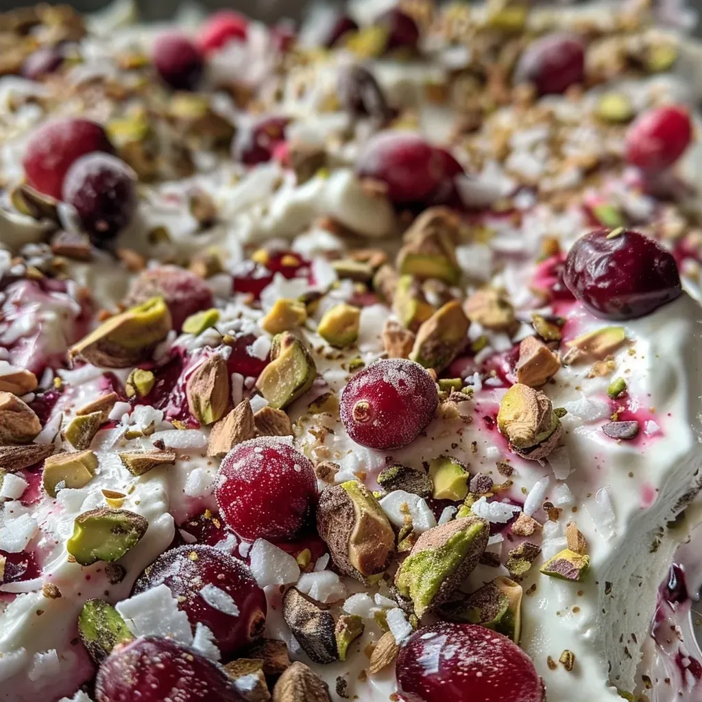 ['A close-up view of Cranberry Pistachio Frozen Yogurt Bark with toppings visible.', 'A vibrant slice of frozen yogurt bark featuring cranberries and pistachios.', 'Side view of colorful frozen yogurt bark adorned with nuts and dried fruit.', 'A detailed look at a frozen dessert with a creamy yogurt base and crunchy toppings.']