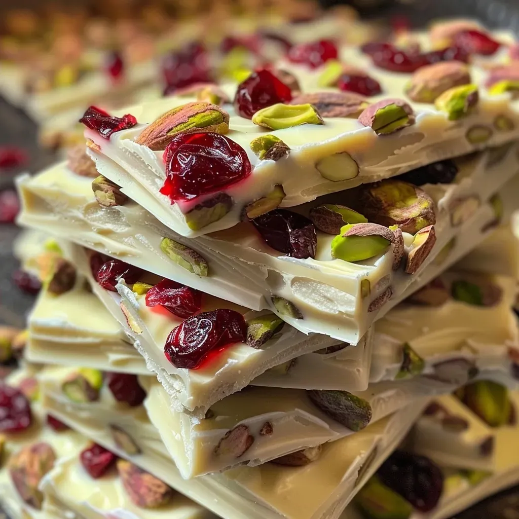['Close-up of colorful Cranberry Pistachio White Chocolate Bark with nuts and dried fruits.', 'Side view of white chocolate bark topped with green pistachios and red cranberries.', 'Detailed shot of Cranberry Pistachio White Chocolate Bark showing texture and ingredients.', 'A vibrant piece of bark featuring white chocolate, pistachios, and cranberries.']