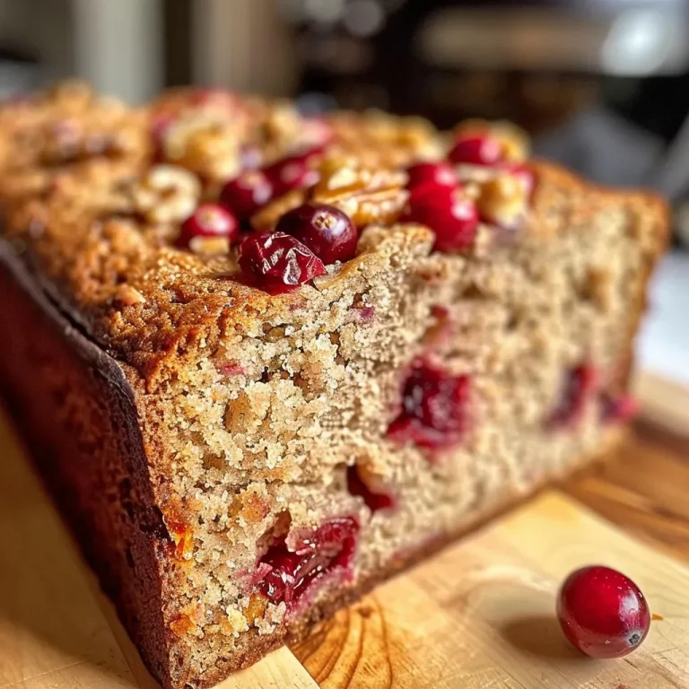 ['Close-up side view of a loaf of Cranberry Walnut Bread with visible cranberries and walnuts.', 'Sliced Cranberry Walnut Bread showcasing the juicy texture and nutty walnut pieces.', 'Freshly baked Cranberry Walnut Bread with a golden crust and vibrant cranberry specks.', 'Detailed view of a crusty loaf of Cranberry Walnut Bread displaying its ingredients and texture.']