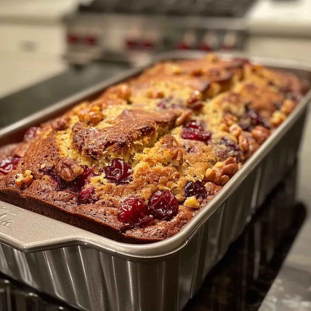 ['Close-up view of sliced cranberry walnut bread with visible cranberries and walnuts.', 'Side view of a loaf of cranberry walnut bread showcasing its moist texture and rich color.', 'Juicy cranberry walnut bread cut into slices, highlighting fresh ingredients and a golden crust.', 'Detailed shot of a slice of cranberry walnut bread displaying chunks of cranberries and walnuts.']