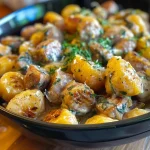 ['Close-up of creamy butternut squash gnocchi topped with Italian sausage and fresh herbs.', 'Side view of gnocchi dish featuring vibrant butternut squash sauce and Italian sausage.', 'Delicious butternut squash gnocchi with a rich cream sauce and chunks of Italian sausage.', 'A bowl of creamy gnocchi with spinach, Italian sausage, and herbs, showcasing its texture.']