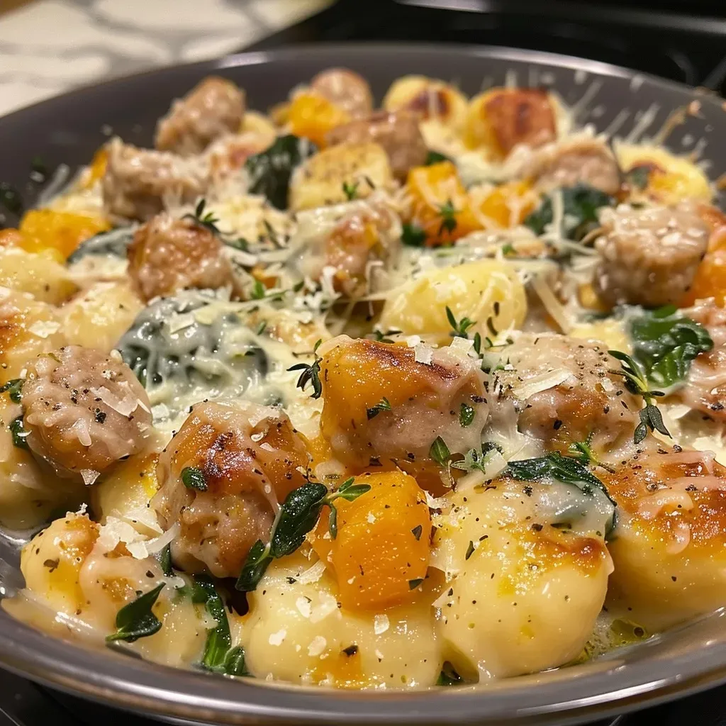 ['Close-up of creamy butternut squash gnocchi topped with Italian sausage and fresh herbs.', 'Side view of gnocchi dish featuring vibrant butternut squash sauce and Italian sausage.', 'Delicious butternut squash gnocchi with a rich cream sauce and chunks of Italian sausage.', 'A bowl of creamy gnocchi with spinach, Italian sausage, and herbs, showcasing its texture.']