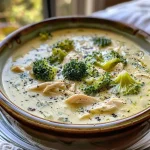 ['A close-up side view of a bowl of creamy chicken and broccoli soup, showcasing shredded chicken and tender broccoli.', 'A detailed image of creamy chicken and broccoli soup, highlighting the texture and ingredients in a bowl.', 'Side view of a bowl filled with creamy soup containing shredded chicken and bright green broccoli pieces.', 'A close-up shot focusing on a rich, creamy chicken and broccoli soup in a bowl, with visible herbs.']
