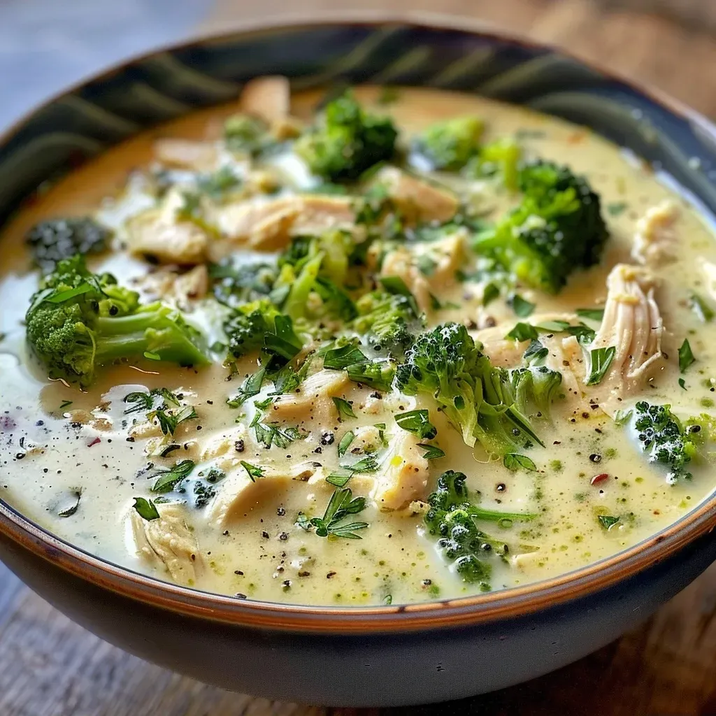 ['A close-up side view of a bowl of creamy chicken and broccoli soup, showcasing shredded chicken and tender broccoli.', 'A detailed image of creamy chicken and broccoli soup, highlighting the texture and ingredients in a bowl.', 'Side view of a bowl filled with creamy soup containing shredded chicken and bright green broccoli pieces.', 'A close-up shot focusing on a rich, creamy chicken and broccoli soup in a bowl, with visible herbs.']