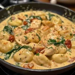 ['Close-up view of creamy chicken and gnocchi garnished with herbs.', 'A side view of a bowl filled with creamy chicken and gnocchi topped with spinach.', 'Creamy chicken and gnocchi dish showcasing tender chicken pieces and sun-dried tomatoes.', 'Detailed shot of gnocchi in rich cream sauce with spinach and parmesan cheese.']