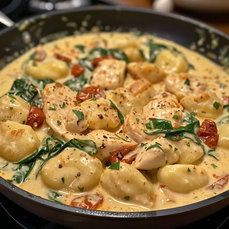 ['Close-up view of creamy chicken and gnocchi garnished with herbs.', 'A side view of a bowl filled with creamy chicken and gnocchi topped with spinach.', 'Creamy chicken and gnocchi dish showcasing tender chicken pieces and sun-dried tomatoes.', 'Detailed shot of gnocchi in rich cream sauce with spinach and parmesan cheese.']