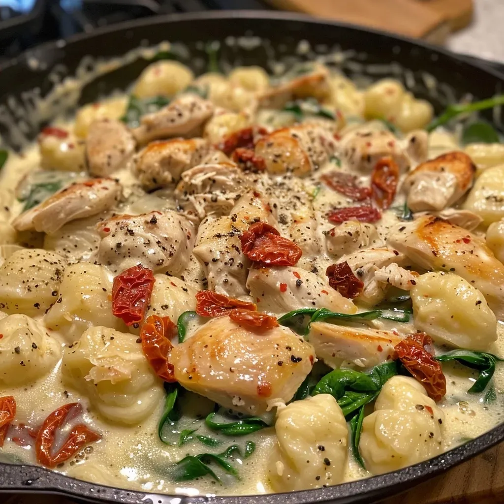 ['Close-up view of creamy chicken and gnocchi garnished with herbs.', 'A side view of a bowl filled with creamy chicken and gnocchi topped with spinach.', 'Creamy chicken and gnocchi dish showcasing tender chicken pieces and sun-dried tomatoes.', 'Detailed shot of gnocchi in rich cream sauce with spinach and parmesan cheese.']