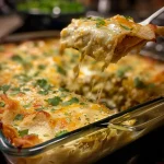 ['Close-up of a creamy chicken enchilada casserole, showcasing layers of chicken, cheese, and tortillas.', 'Side view of a bubbling chicken enchilada casserole topped with melted cheese and fresh cilantro.', 'Juicy chicken enchilada casserole with green salsa and creamy topping, served in a baking dish.', 'Delicious creamy chicken enchilada casserole, loaded with shredded chicken and pinto beans, ready to serve.']