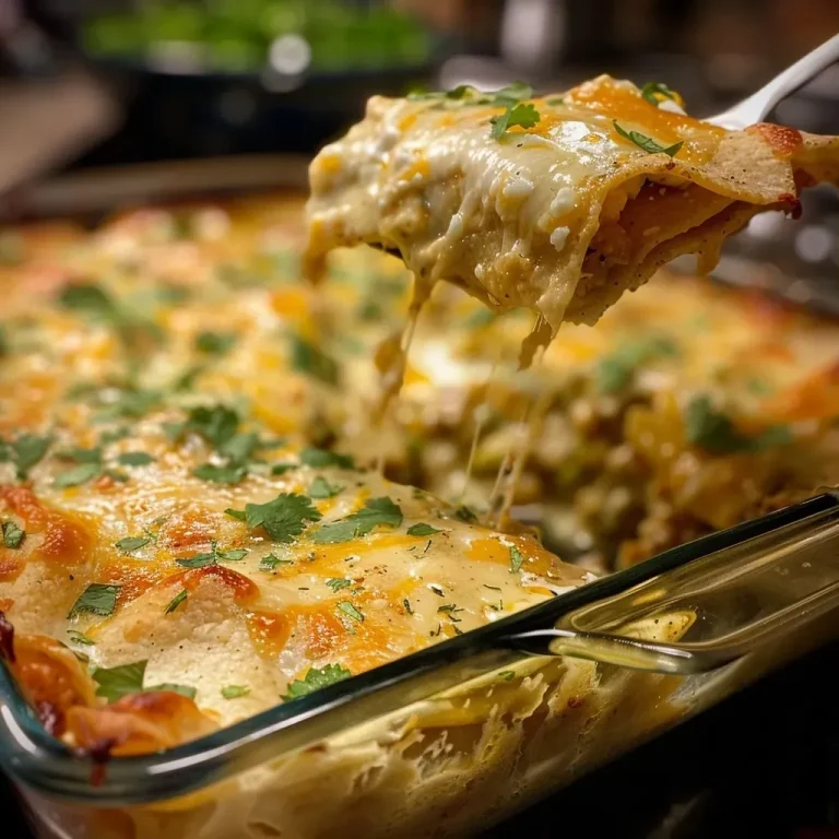 ['Close-up of a creamy chicken enchilada casserole, showcasing layers of chicken, cheese, and tortillas.', 'Side view of a bubbling chicken enchilada casserole topped with melted cheese and fresh cilantro.', 'Juicy chicken enchilada casserole with green salsa and creamy topping, served in a baking dish.', 'Delicious creamy chicken enchilada casserole, loaded with shredded chicken and pinto beans, ready to serve.']