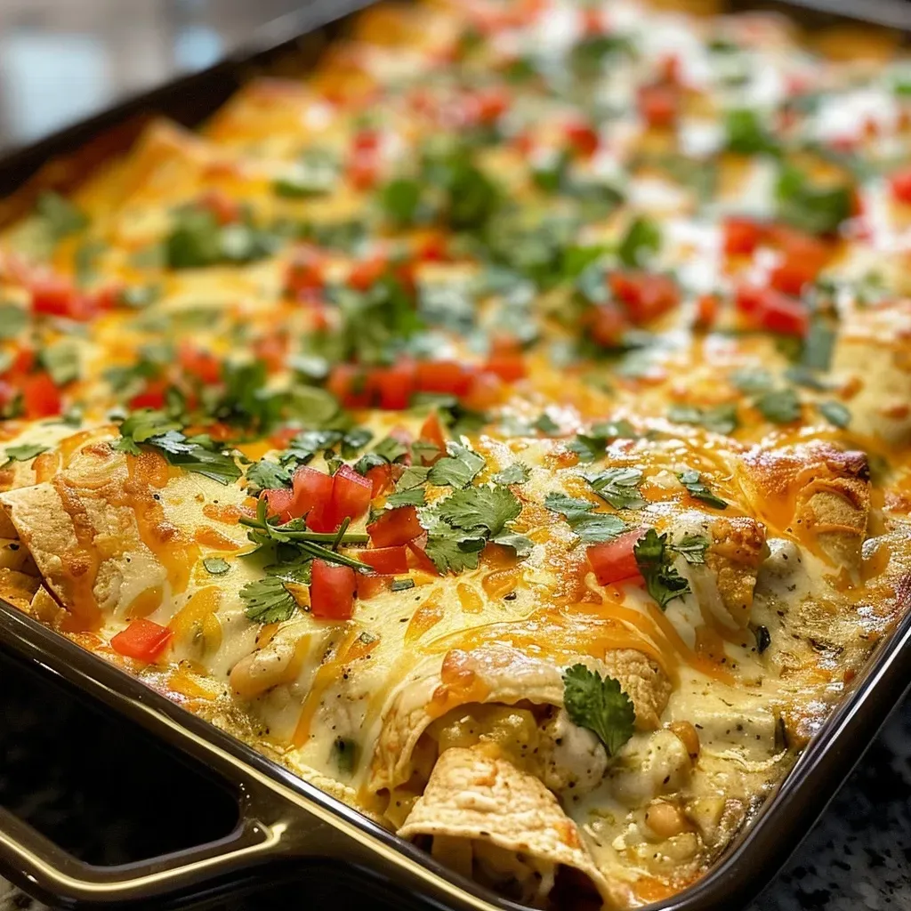 ['Close-up of a creamy chicken enchilada casserole, showcasing layers of chicken, cheese, and tortillas.', 'Side view of a bubbling chicken enchilada casserole topped with melted cheese and fresh cilantro.', 'Juicy chicken enchilada casserole with green salsa and creamy topping, served in a baking dish.', 'Delicious creamy chicken enchilada casserole, loaded with shredded chicken and pinto beans, ready to serve.']