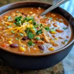 ['Close-up of creamy chicken enchilada soup garnished with cheese and colorful vegetables.', 'Bowl of rich chicken enchilada soup featuring shredded chicken, beans, and corn.', 'Side view of a hearty creamy chicken enchilada soup with vibrant ingredients.', 'Delicious chicken enchilada soup in a bowl, showcasing fresh toppings and spices.']