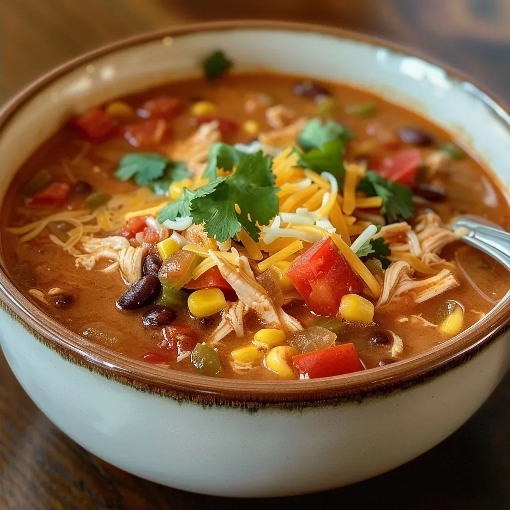 ['Close-up of creamy chicken enchilada soup garnished with cheese and colorful vegetables.', 'Bowl of rich chicken enchilada soup featuring shredded chicken, beans, and corn.', 'Side view of a hearty creamy chicken enchilada soup with vibrant ingredients.', 'Delicious chicken enchilada soup in a bowl, showcasing fresh toppings and spices.']