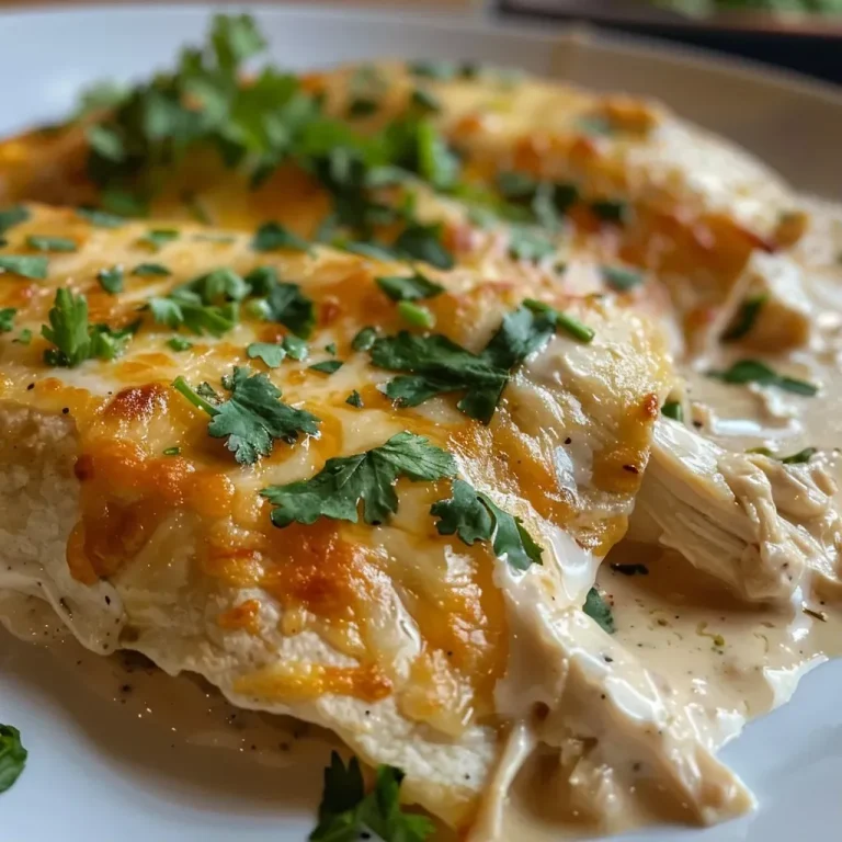 ['Close-up view of creamy chicken enchiladas topped with cheese and cilantro.', 'Side view of juicy chicken enchiladas in a creamy sauce.', 'Delicious chicken enchiladas garnished with fresh cilantro.', 'Creamy chicken enchiladas served on a plate with melted cheese.']