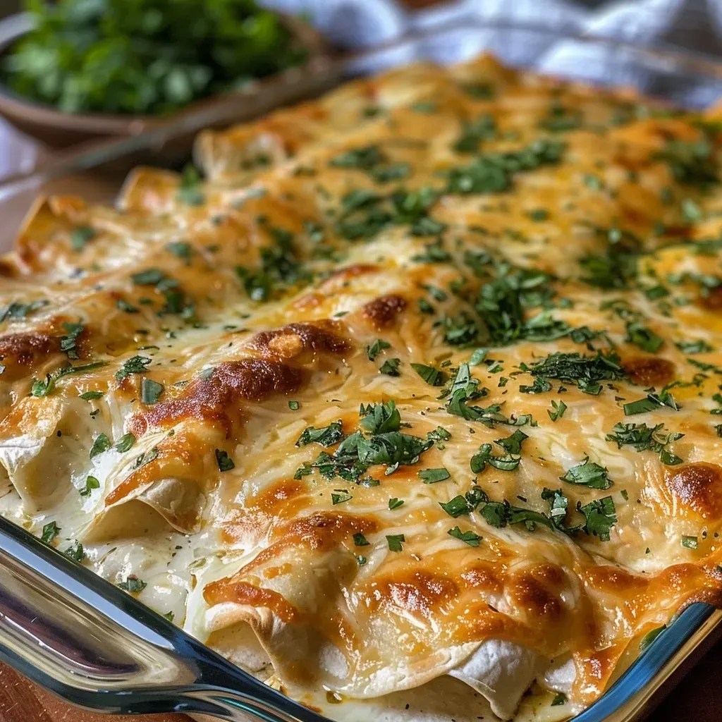 Close-up view of creamy chicken enchiladas topped with cheese and cilantro.