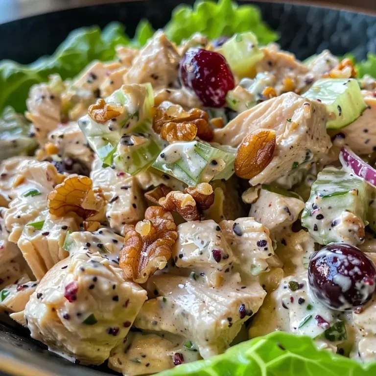 ['Close-up view of a creamy chicken salad with cranberries and walnuts in a bowl.', 'Side view of a delicious chicken salad featuring chopped chicken, dried cranberries, and walnuts.', 'Juicy creamy chicken salad with red onions and celery, presented on a bed of lettuce.', 'Colorful chicken salad with a creamy dressing, cranberries, and walnuts, garnished with greens.']