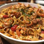 ['Close-up view of creamy jambalaya pasta with shrimp, sausage, and colorful vegetables.', 'Delicious creamy jambalaya pasta in a bowl, showcasing shrimp and fresh ingredients.', 'Rich and creamy fettuccine jambalaya with shrimp and vibrant peppers in a side view.', 'Juicy jambalaya pasta dish featuring al dente fettuccine, shrimp, and diced vegetables.']