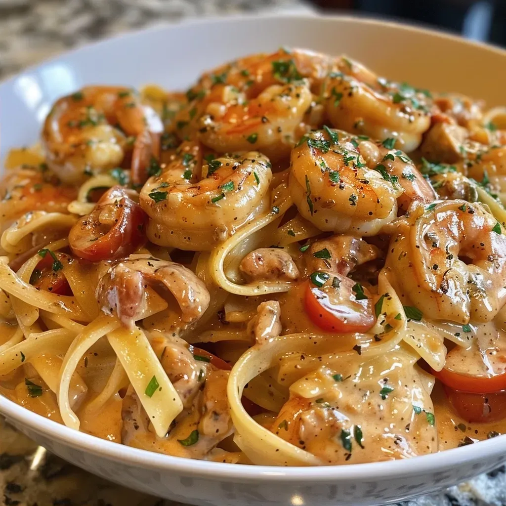 ['Close-up view of creamy jambalaya pasta with shrimp, sausage, and colorful vegetables.', 'Delicious creamy jambalaya pasta in a bowl, showcasing shrimp and fresh ingredients.', 'Rich and creamy fettuccine jambalaya with shrimp and vibrant peppers in a side view.', 'Juicy jambalaya pasta dish featuring al dente fettuccine, shrimp, and diced vegetables.']