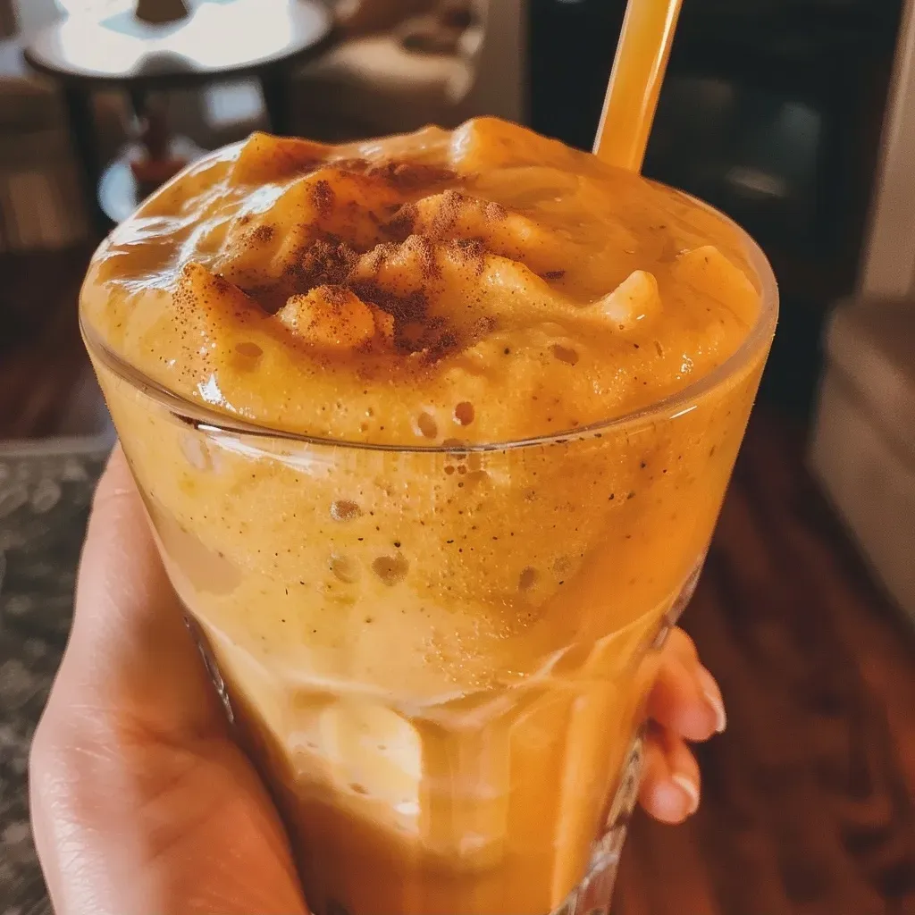 ['Close-up of a creamy pumpkin smoothie in a glass, topped with whipped cream and a sprinkle of pumpkin pie spice.', 'Side view of a delicious pumpkin smoothie in a clear glass, featuring vibrant orange color and a straw.', 'A refreshing pumpkin smoothie with a thick consistency, served in a glass, against a wooden backdrop.', 'Creamy pumpkin smoothie placed on a table, showcasing its rich color and smooth texture.']
