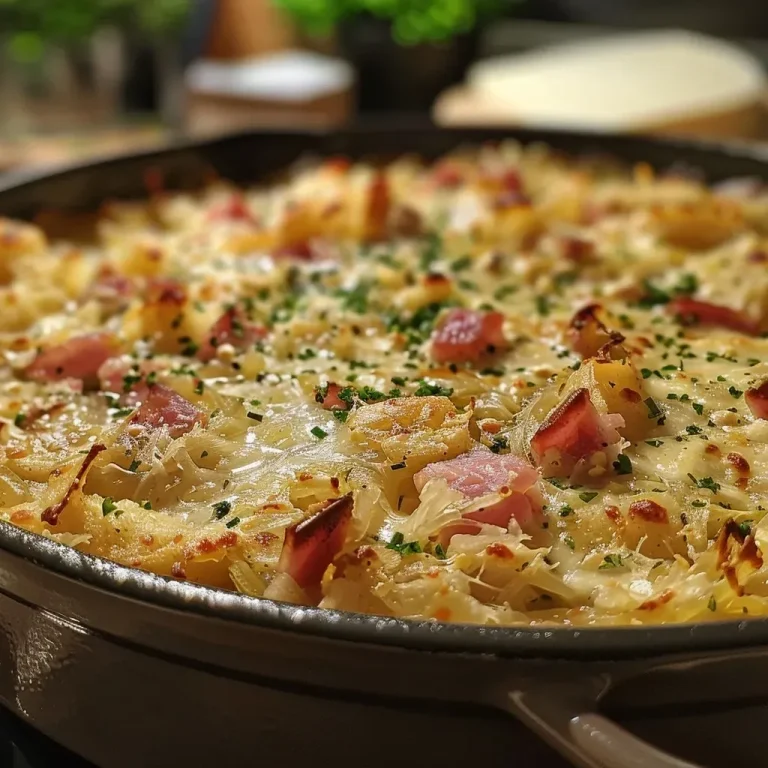 ['A close-up view of a creamy Sauerkraut Leberkäse casserole, showcasing its juicy texture and colorful ingredients.', 'Side view of a deliciously baked creamy Sauerkraut casserole, highlighting layers of Leberkäse and vegetables.', 'Detailed shot of a Sauerkraut Leberkäse casserole, featuring golden cheese on top and a creamy filling.', 'Inviting image of a Sauerkraut Leberkäse casserole, emphasizing its rich creamy texture and vibrant vegetables.']