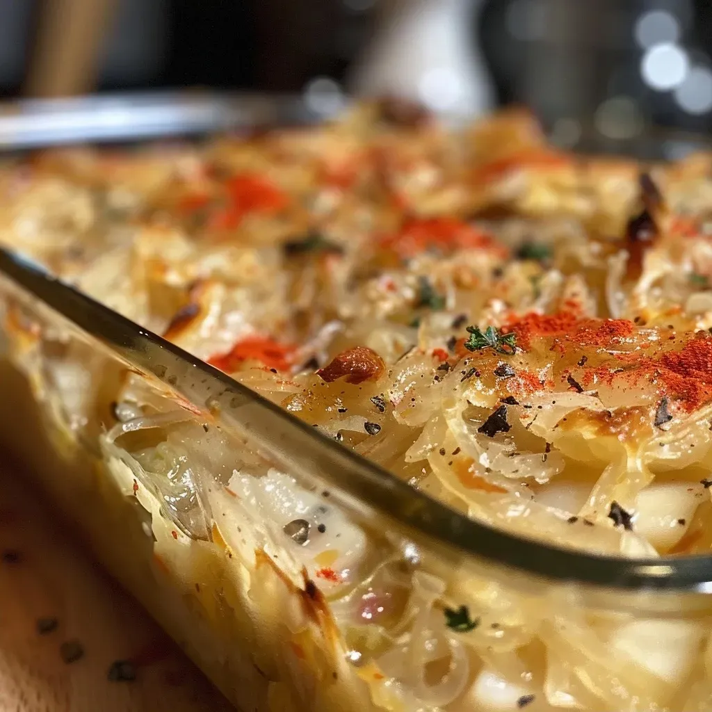 ['A close-up view of a creamy Sauerkraut Leberkäse casserole, showcasing its juicy texture and colorful ingredients.', 'Side view of a deliciously baked creamy Sauerkraut casserole, highlighting layers of Leberkäse and vegetables.', 'Detailed shot of a Sauerkraut Leberkäse casserole, featuring golden cheese on top and a creamy filling.', 'Inviting image of a Sauerkraut Leberkäse casserole, emphasizing its rich creamy texture and vibrant vegetables.']