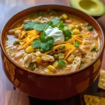 ['Creamy White Chicken Chili garnished with fresh cilantro and shredded cheese.', 'Close-up view of a bowl of Creamy White Chicken Chili with green onions and avocado toppings.', 'Side view of a hearty bowl of Creamy White Chicken Chili, displaying beans and corn.', 'Juicy Creamy White Chicken Chili served with tortilla chips on the side.']