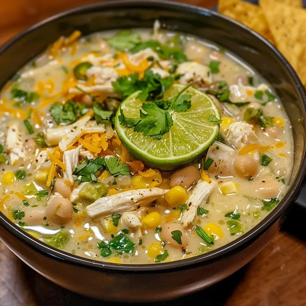 ['Creamy White Chicken Chili garnished with fresh cilantro and shredded cheese.', 'Close-up view of a bowl of Creamy White Chicken Chili with green onions and avocado toppings.', 'Side view of a hearty bowl of Creamy White Chicken Chili, displaying beans and corn.', 'Juicy Creamy White Chicken Chili served with tortilla chips on the side.']