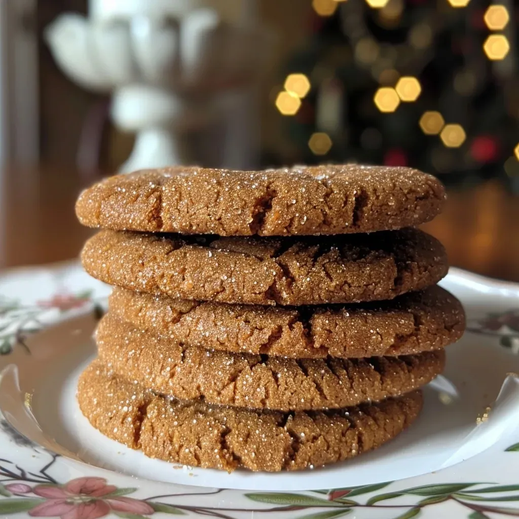 ['Close-up of a crispy gingersnap cookie with a textured surface, showcasing its golden-brown color.', 'Side view of a stack of gingersnap cookies, highlighting their crunchy edges and soft centers.', 'A few crispy gingersnap cookies arranged on a plate, with granulated sugar coating visible.', 'Zoomed-in image of gingersnap cookies, emphasizing the spiced texture and rich brown hue.']