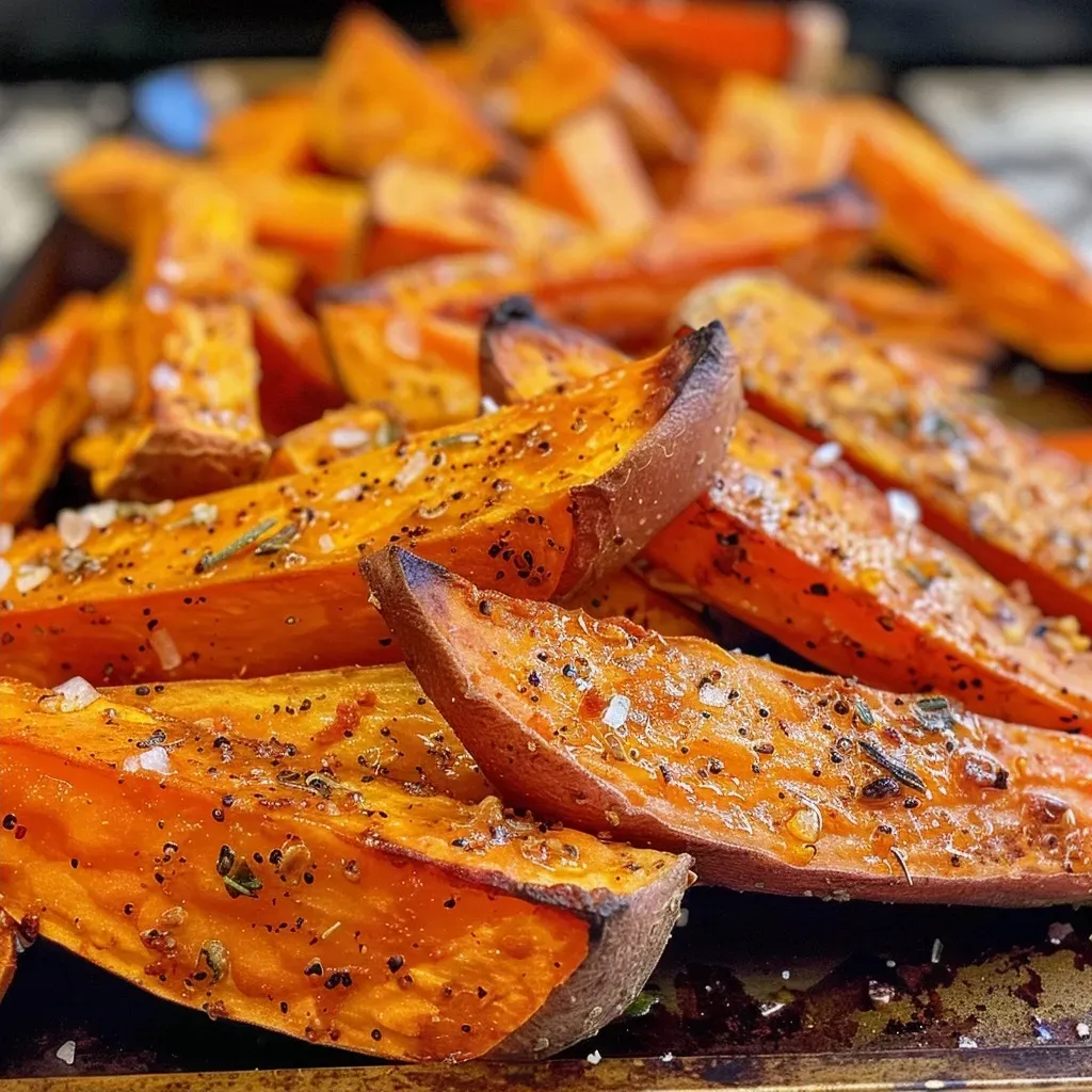 ['A close-up side view of crispy oven-baked sweet potato fries on a plate.', 'Juicy sweet potato fries seasoned with spices, displayed on a wooden surface.', 'A vibrant image capturing golden-brown sweet potato fries in natural light.', 'Close-up of perfectly cooked sweet potato fries with a crispy texture.']
