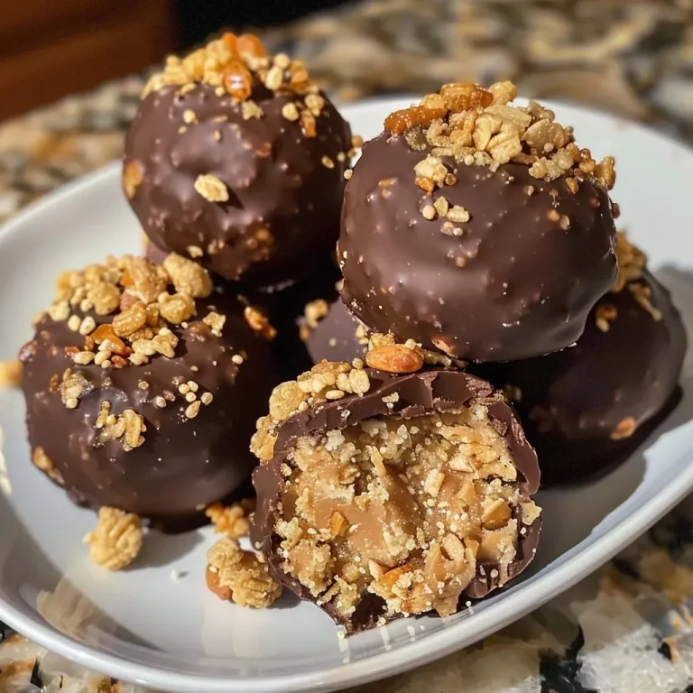 ['Close-up side view of crispy peanut butter toffee truffles with a glossy chocolate coating.', 'Detailed image of round truffles featuring a crunchy exterior made from peanut butter and toffee bits.', 'Side view of several peanut butter toffee truffles sprinkled with toffee bits on a white plate.', 'Irresistible shiny milk chocolate toffee truffles with a crispy texture, highlighted in natural light.']