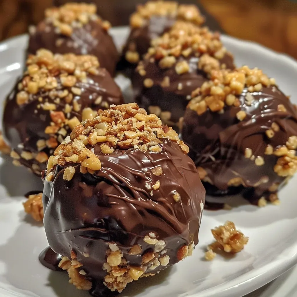 ['Close-up side view of crispy peanut butter toffee truffles with a glossy chocolate coating.', 'Detailed image of round truffles featuring a crunchy exterior made from peanut butter and toffee bits.', 'Side view of several peanut butter toffee truffles sprinkled with toffee bits on a white plate.', 'Irresistible shiny milk chocolate toffee truffles with a crispy texture, highlighted in natural light.']