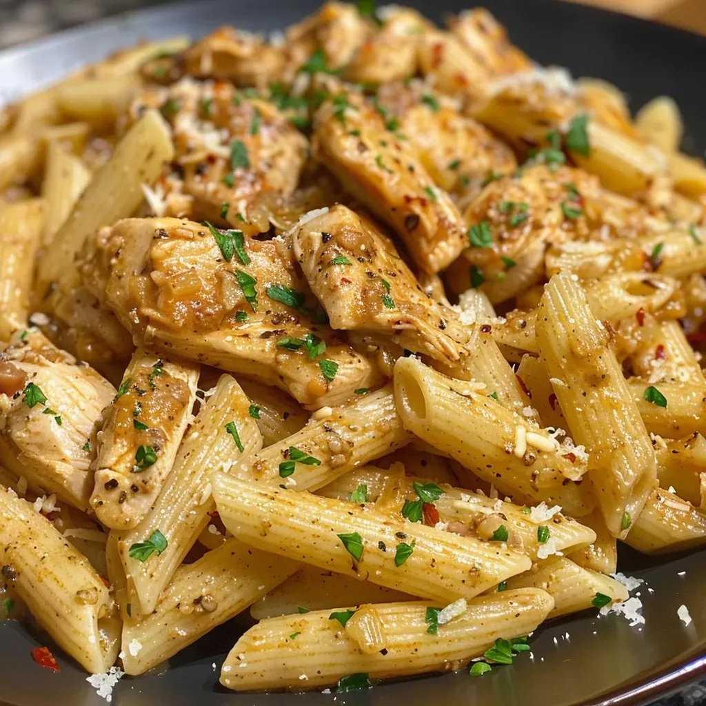 ['Close-up view of a bowl filled with creamy Cajun chicken pasta featuring chunks of chicken and penne.', 'Side view of a hearty dish of Crock Pot Cajun chicken pasta with vibrant colors and a sauce coating the pasta.', 'Juicy pieces of chicken and penne pasta in a rich, creamy sauce garnished with herbs, displayed in a bowl.', 'Close-up image of penne pasta mixed with Cajun-seasoned chicken in a creamy sauce, served in a rustic bowl.']