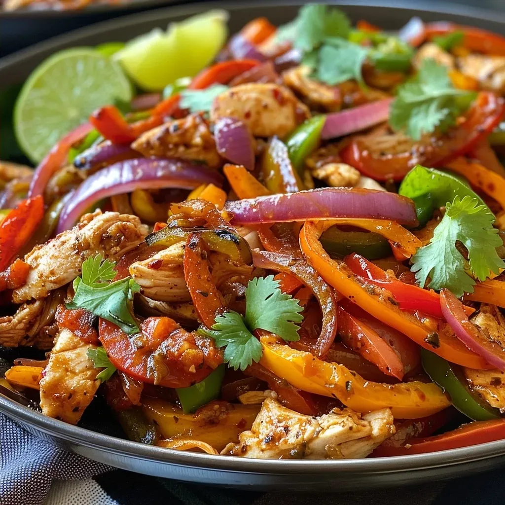 ['Close-up of juicy Crock Pot Chicken Fajitas with sliced peppers and onions.', 'Colorful array of chicken fajitas in a crock pot, featuring bell peppers and onions.', 'Deliciously cooked chicken fajitas garnished with fresh cilantro and lime.', 'Side view of flavorful chicken fajitas with vibrant vegetables in a slow cooker.']