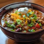 ['A close-up view of a bowl of vibrant pumpkin chili with ground beef, beans, and garnished with green onions.', 'A side view of a steaming bowl of pumpkin chili showing its rich colors and toppings.', 'Juicy crock pot pumpkin chili featuring ground beef, beans, and topped with shredded cheese and sour cream.', 'A visually appealing bowl of pumpkin chili captured in detail, highlighting the ingredients and textures.']