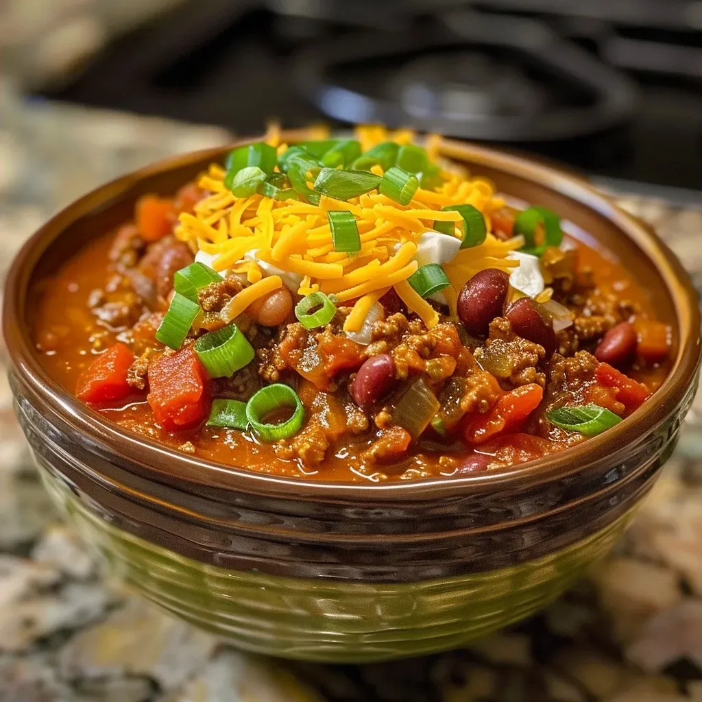 A close-up view of a bowl of vibrant pumpkin chili with ground beef, beans, and garnished with green onions.