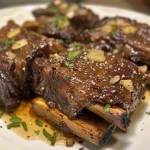 ['A close-up view of juicy Crock Pot short ribs, garnished with herbs.', 'Tender beef short ribs in a rich sauce, presented on a white plate.', 'Side view of succulent short ribs cooked in a crockpot, showcasing glaze and texture.', 'Delectable short ribs served with chopped onions and herbs on top, emphasizing richness.']