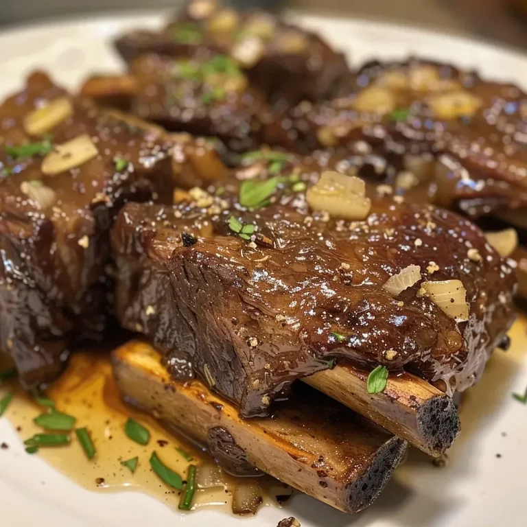 ['A close-up view of juicy Crock Pot short ribs, garnished with herbs.', 'Tender beef short ribs in a rich sauce, presented on a white plate.', 'Side view of succulent short ribs cooked in a crockpot, showcasing glaze and texture.', 'Delectable short ribs served with chopped onions and herbs on top, emphasizing richness.']