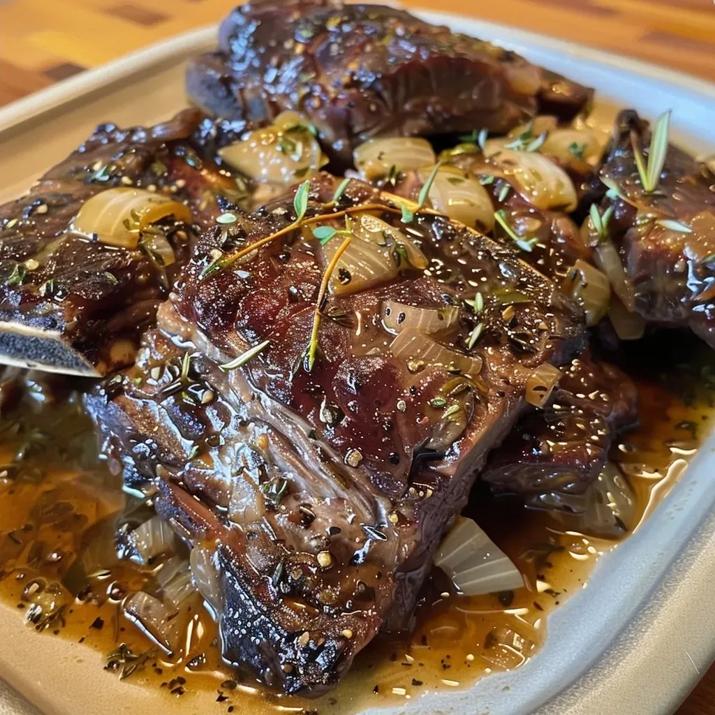 ['A close-up view of juicy Crock Pot short ribs, garnished with herbs.', 'Tender beef short ribs in a rich sauce, presented on a white plate.', 'Side view of succulent short ribs cooked in a crockpot, showcasing glaze and texture.', 'Delectable short ribs served with chopped onions and herbs on top, emphasizing richness.']