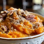 ['Close-up view of a golden brown sweet potato casserole topped with pecans.', 'Side view of a creamy sweet potato casserole in a crock pot, garnished with chopped nuts.', 'Rich orange sweet potato mixture with a crunchy pecan topping displayed in a slow cooker.', 'Deliciously baked sweet potato casserole with a smooth texture and pecans on top.']