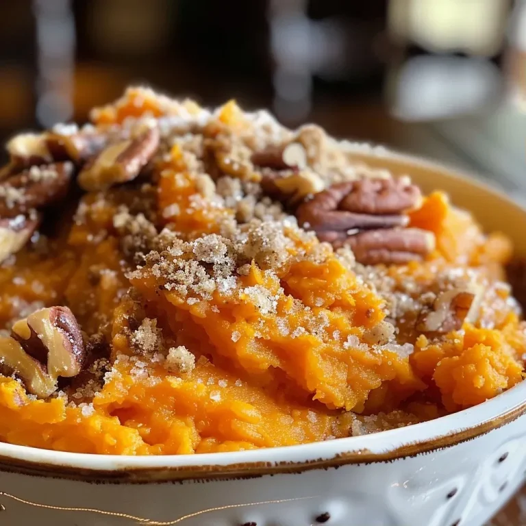 ['Close-up view of a golden brown sweet potato casserole topped with pecans.', 'Side view of a creamy sweet potato casserole in a crock pot, garnished with chopped nuts.', 'Rich orange sweet potato mixture with a crunchy pecan topping displayed in a slow cooker.', 'Deliciously baked sweet potato casserole with a smooth texture and pecans on top.']