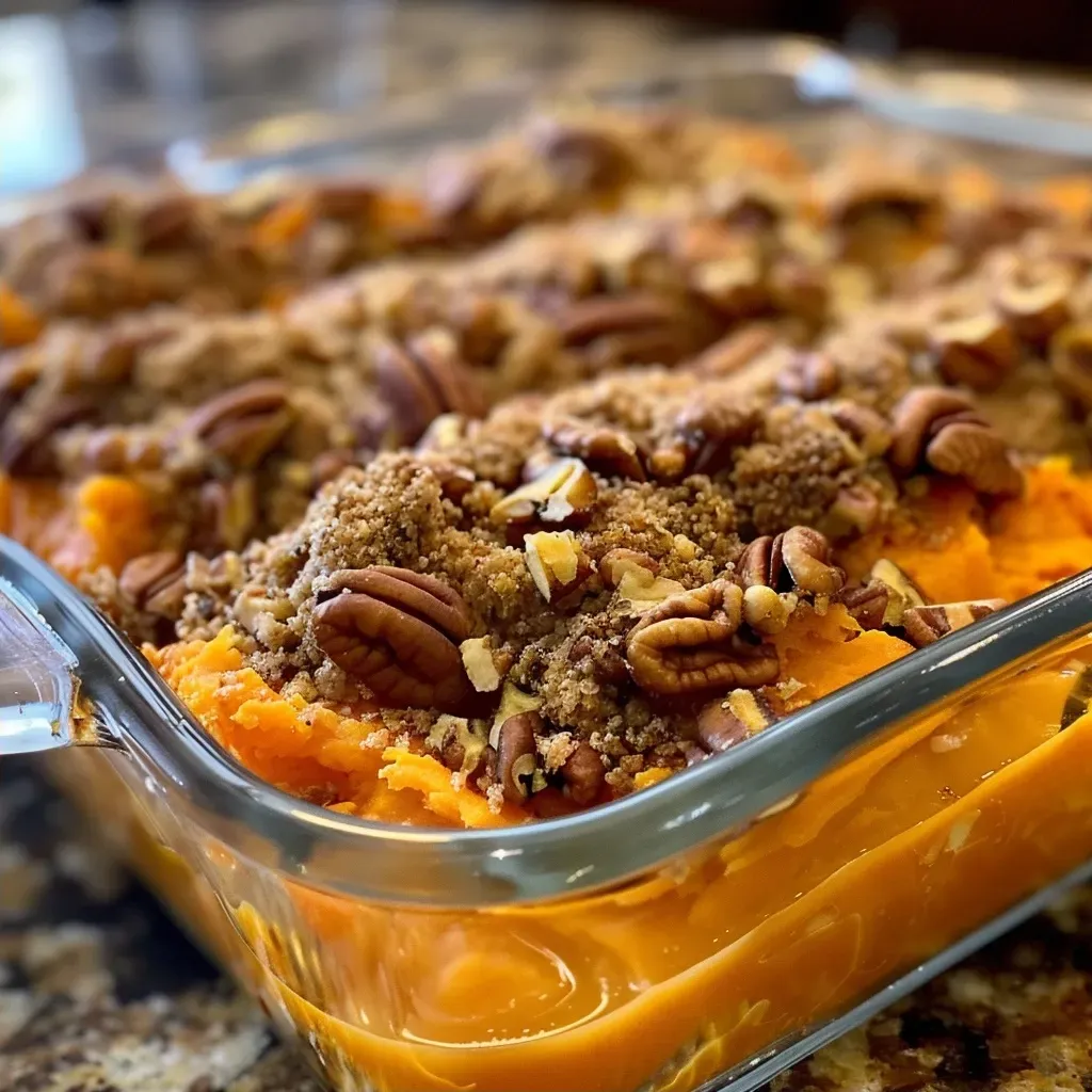['Close-up view of a golden brown sweet potato casserole topped with pecans.', 'Side view of a creamy sweet potato casserole in a crock pot, garnished with chopped nuts.', 'Rich orange sweet potato mixture with a crunchy pecan topping displayed in a slow cooker.', 'Deliciously baked sweet potato casserole with a smooth texture and pecans on top.']