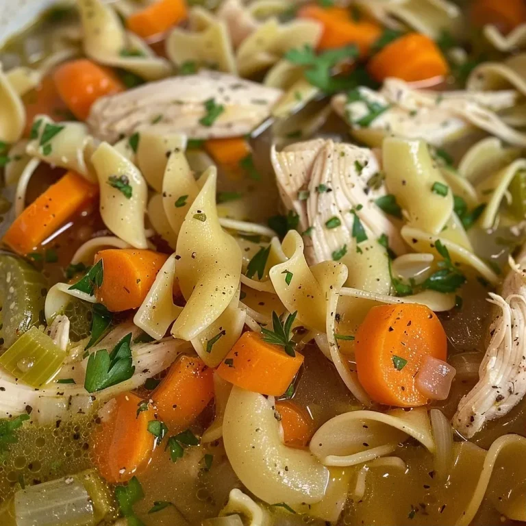 ['Close-up view of homemade chicken noodle soup with tender chicken pieces, vegetables, and egg noodles.', 'A bowl of steaming chicken noodle soup showcasing carrots, celery, and herbs floating atop the broth.', 'Side view of a crockpot filled with rich, flavorful chicken noodle soup, highlighting the ingredients inside.', 'Delicious chicken noodle soup made in a crockpot, featuring chunks of chicken and vibrant vegetables.']