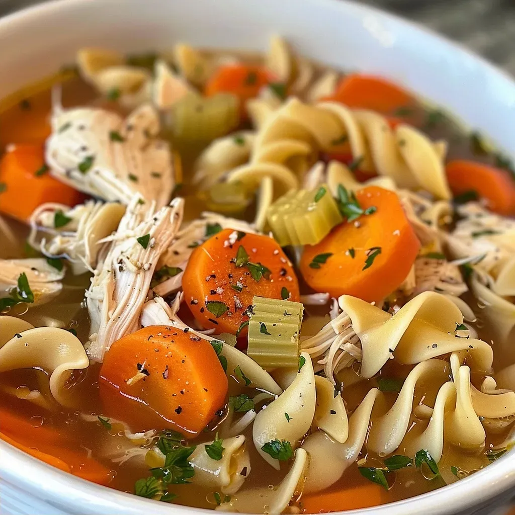 ['Close-up view of homemade chicken noodle soup with tender chicken pieces, vegetables, and egg noodles.', 'A bowl of steaming chicken noodle soup showcasing carrots, celery, and herbs floating atop the broth.', 'Side view of a crockpot filled with rich, flavorful chicken noodle soup, highlighting the ingredients inside.', 'Delicious chicken noodle soup made in a crockpot, featuring chunks of chicken and vibrant vegetables.']