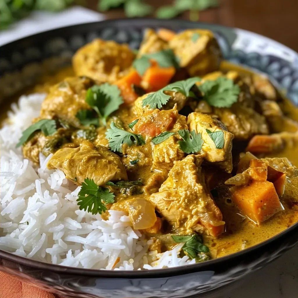 ['A close-up view of juicy crockpot curry chicken with sweet potatoes and a sprinkle of cilantro.', 'Side view of a delicious bowl of crockpot curry chicken, featuring vibrant colors and tender chicken pieces.', 'An enticing dish of crockpot curry chicken, showcasing sweet potatoes and a creamy coconut sauce.', 'Close-up of a hearty crockpot meal, highlighting the golden curry sauce over chicken and sweet potatoes.']