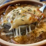 ['Close-up view of a bowl of Crockpot keto French onion soup topped with melted cheese.', 'Side perspective of savory Crockpot keto French onion soup with caramelized onions and herbs.', 'A steaming bowl of keto French onion soup garnished with cheese, showcasing its rich color.', 'Delicious Crockpot keto French onion soup served in a rustic bowl, highlighting onion slices and broth.']