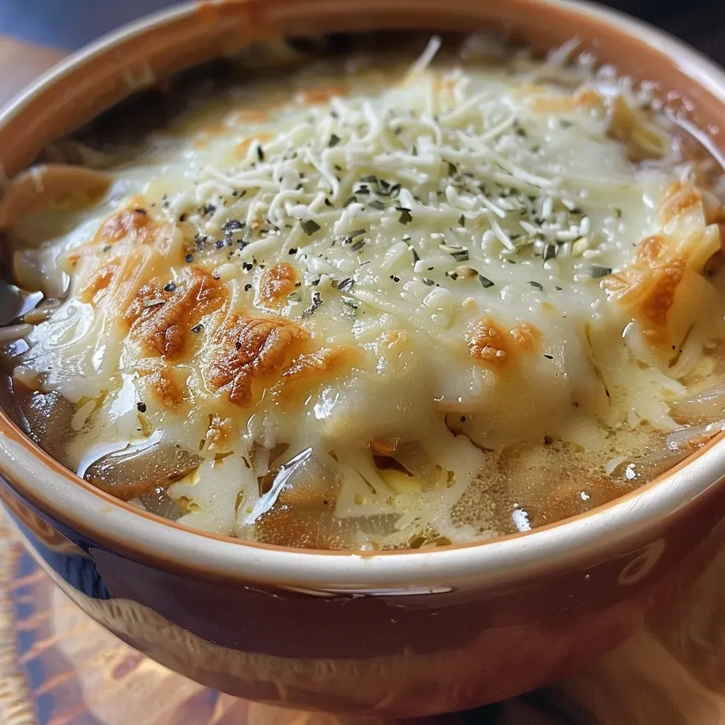 ['Close-up view of a bowl of Crockpot keto French onion soup topped with melted cheese.', 'Side perspective of savory Crockpot keto French onion soup with caramelized onions and herbs.', 'A steaming bowl of keto French onion soup garnished with cheese, showcasing its rich color.', 'Delicious Crockpot keto French onion soup served in a rustic bowl, highlighting onion slices and broth.']
