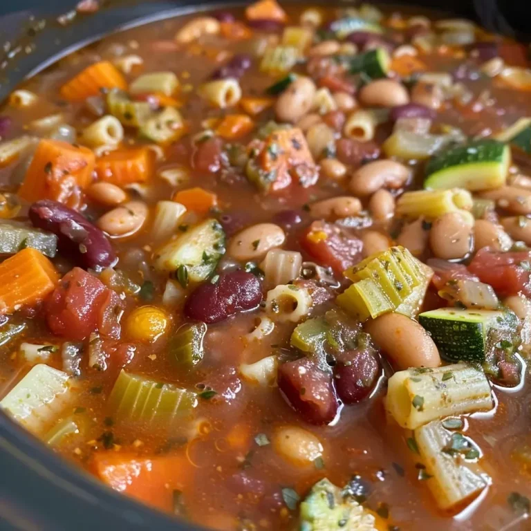 ['Close-up view of a bowl of Crockpot Minestrone with colorful vegetables and pasta.', 'Side perspective of a hearty Crockpot Minestrone filled with beans, tomatoes, and herbs.', 'Juicy and vibrant bowl of Minestrone soup showcasing fresh ingredients and pasta.', 'Detailed close-up of a steaming bowl of Minestrone soup, highlighting its rich ingredients.']