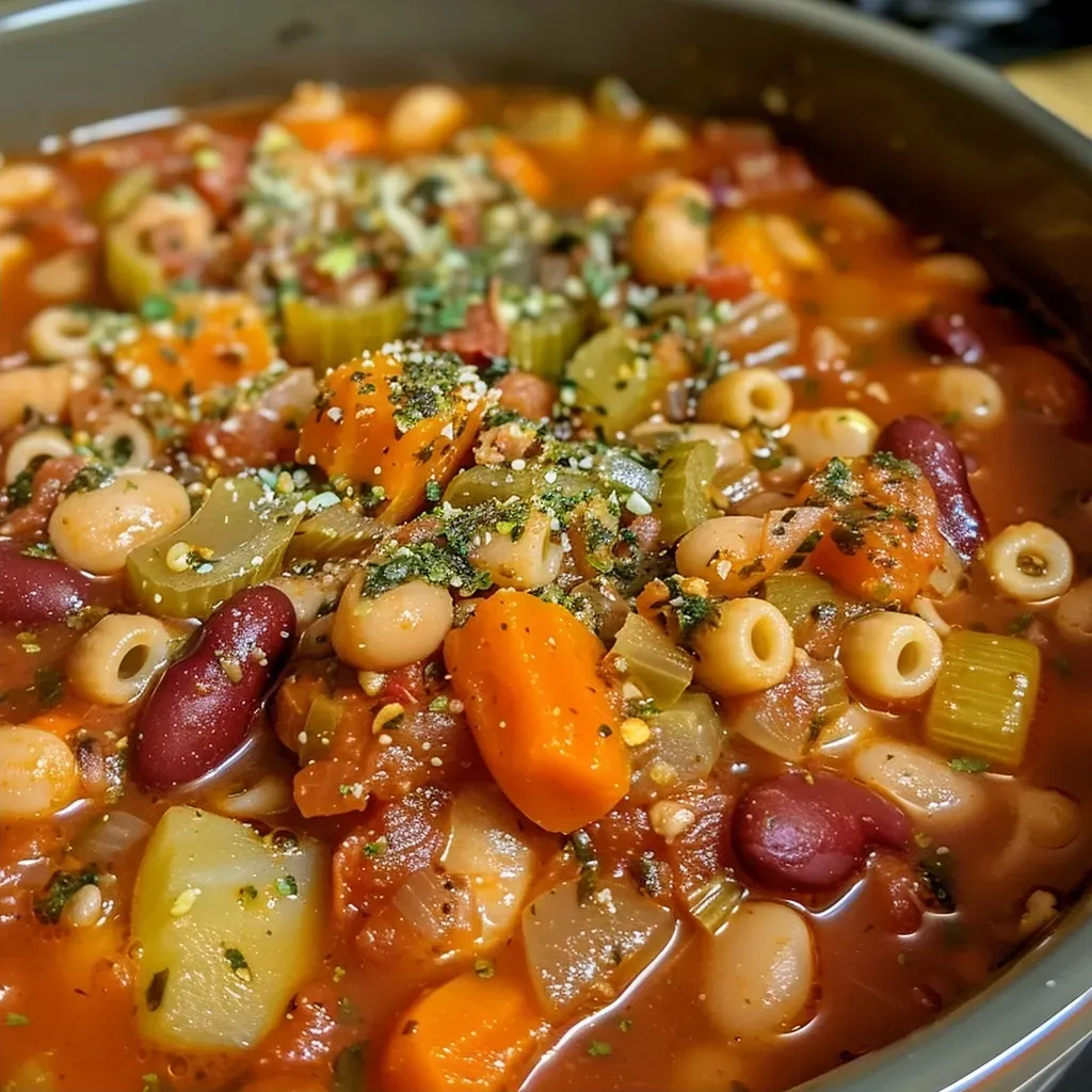 ['Close-up view of a bowl of Crockpot Minestrone with colorful vegetables and pasta.', 'Side perspective of a hearty Crockpot Minestrone filled with beans, tomatoes, and herbs.', 'Juicy and vibrant bowl of Minestrone soup showcasing fresh ingredients and pasta.', 'Detailed close-up of a steaming bowl of Minestrone soup, highlighting its rich ingredients.']
